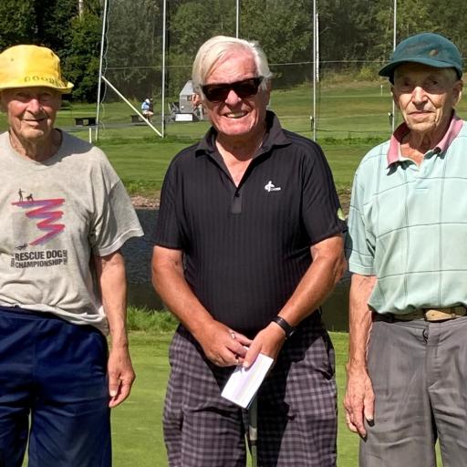 SHG:n aktiiviset golffarit, Heikkosen veljekset Valto (vasemmalla) ja Arvo (oikealla). Veljesten yhteenlaskettu ikä on 176. Pelikaverina samassa ryhmässä Heimo Mäkinen Hyvinkään Golfista.