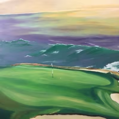Seinämaalaus Pebble Beachin väylästä 7